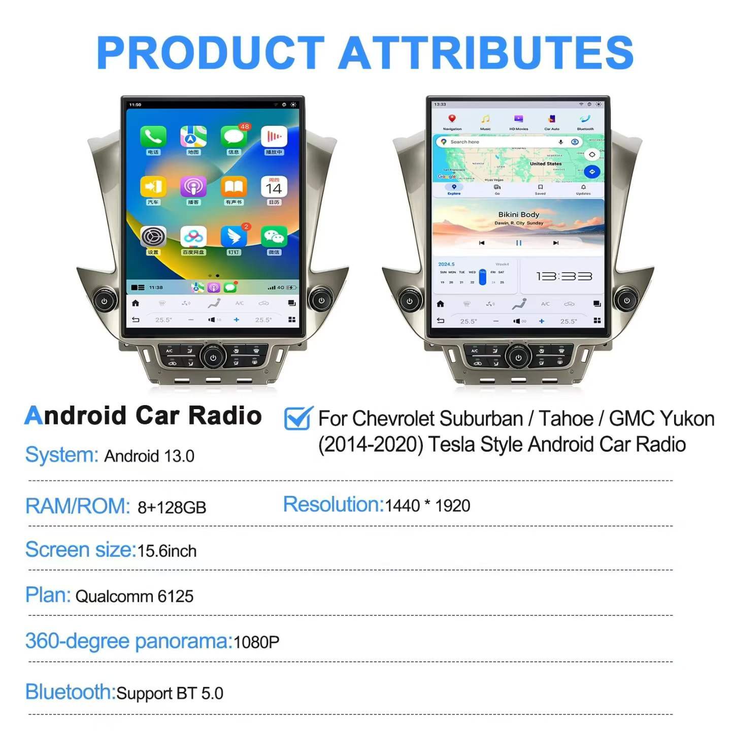 Tesla‑Style 15.6″ Android Car Stereo | Chevrolet Suburban Tahoe GMC Yukon 2014‑2020 8+128GB CarPlay