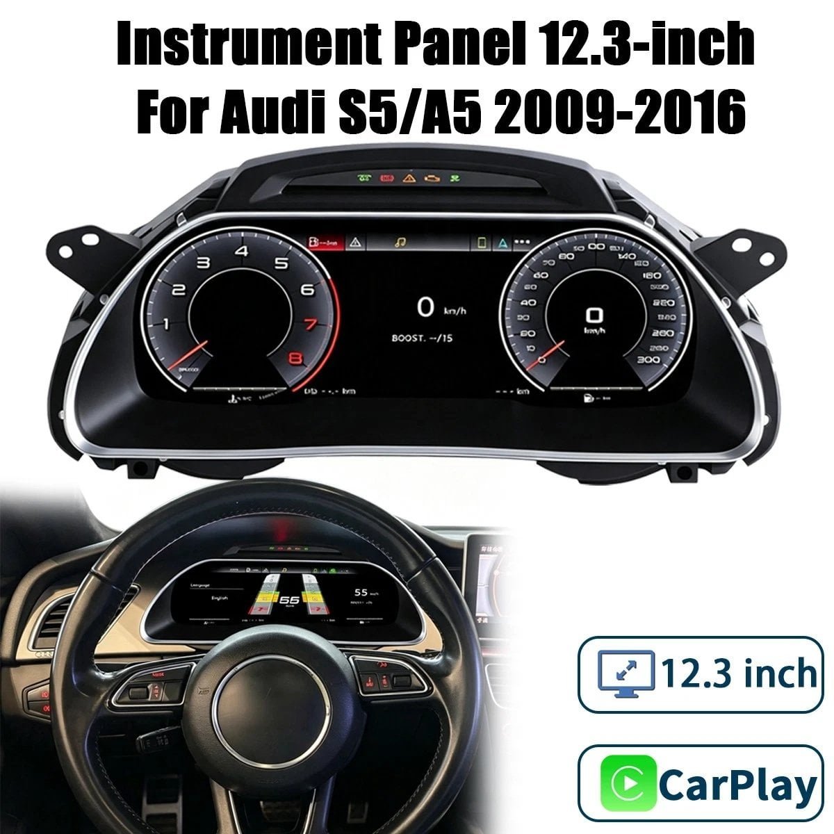For Audi A5 S5 2009‑2016 12.3″ Digital Instrument Cluster With CarPlay