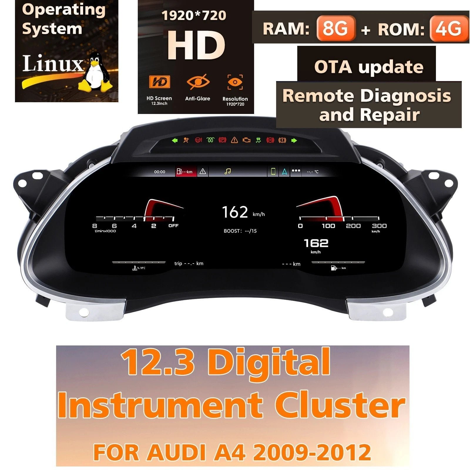 For Audi A4 B8 2009‑2012 12.3″ Linux Digital Instrument Cluster With CarPlay OTA